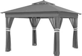 Outsunny Sulankstoma pavėsinė 3 x 3 m, pavėsinė su LED, 4 užuolaidos - tamsiai pilka
