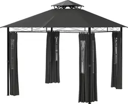 Outsunny paviljonas apie 3 x 3 m, sodo palapinė su šonine sienele, vakarėlių palapinė su dvigubu stogu, atspari oro sąlygoms palapinė, sodo paviljonas, metalinis, tamsiai pilka