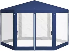 Outsunny pavėsinė 4x3m šešiakampė, atspari vandeniui, stabili, tinkanti žiemai, su tinkleliu nuo uodų, vakarėlių palapinė, sodo palapinė su 6 šoninėmis dalimis, sodo pavėsinė kempingui, sodui, mėlyna