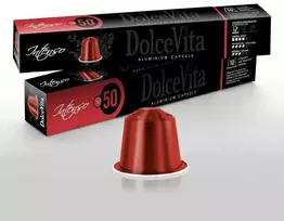 Dolce Vita Intenso — intensyvios stiprios kavos kapsulės 10vnt. (50% Arabica, aliumininės) (tinka Nespresso* sistemai)