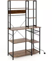 Promotions Virtuvinė lentyna, 6 pakopų pastatoma lentyna su elektros lizdu ir vieliniu krepšiu, 99x40x170 cm, ruda