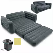 Intex Veliūrinė pripučiama sofa-lova 2-in-1, su elektrine pompa, patogūs svetainės baldai, pilka sofa-lova