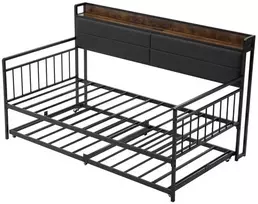 Vevor Dvigulė metalinė sofa-lova su ištraukiama lova, USB ir daiktadėže, juoda. Sofa lova, dvivietė lova, svečių lova