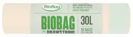 Kompostuojami atliekų maišai su virvelėmis BioBag 30L (10 vnt. ritinyje) 25 mkr. 50x60cm žalia
