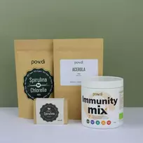 Powdi Rinkinys NENUGALIMAS IMUNITETAS – 150 g Spirulina+Chlorella MIX tablečių, 300g Immunity kokteilis (milteliai), 100 g Acerola, rankų darbo muilas su spirulina dovanų