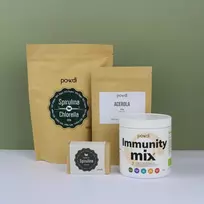 Powdi Rinkinys NENUGALIMAS IMUNITETAS – 450 g Spirulina+Chlorella MIX tablečių, 300g Immunity kokteilis (milteliai), 100 g Acerola milteliai, rankų darbo muilas su spirulina dovanų