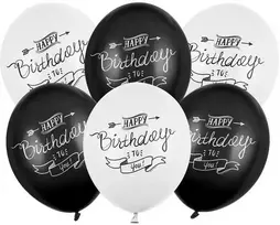 Balionai su spaudiniu Happy Birthday To You PartyDeco Ø30cm/6vnt. juodi/balti