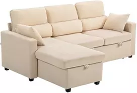HOMCOM Reguliuojama sofa-lova, L formos svečių sofa su miegojimo funkcija, daiktadėže, pagalvėlėmis, skirta svetainei, svečių kambariui, smėlio spalvos