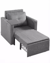 Miegamoji sofa-lova, transformuojama su šonine kišene ir stalviršiu, 5 reguliuojamos padėtys, ištraukiama sofa su dėže ir ratukais, pilka, vienvietis fotelis lova