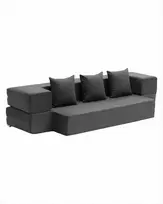 Sulankstoma sofos lova 3 viename, transformuojama sofa su 3 pagalvėmis ir plaunamu užvalkalu, atminties putų miegamasis fotelis, tamsiai pilka futono sofa, sulankstomas čiužinys svečiams