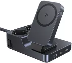 „Baseus 6-in-1“ belaidė įkrovimo stotelė USB-A, USB-C, 2 x kintamosios srovės lizdai, 67 W - juoda
