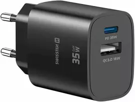 Įkroviklis Swissten SWISSTEN Adapteris sieciowy EDGE GaN 35W, 2-portowy, 1x USB-C PD 35W + 1x USB-A 18W QC