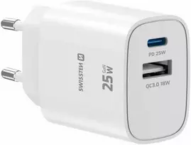 Įkroviklis Swissten SWISSTEN Adapteris sieciowy EDGE GaN 25W, 2-portowy, 1x USB-C PD 25W + 1x USB-A 18W QC
