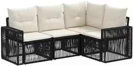 Lauko baldų komplektas Sodo Sofų Rinkinys 4 pcs Juoda ir kreminė balta poliratanas