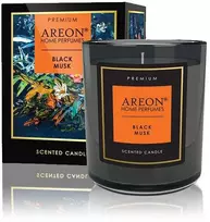 Aromatinė žvakė Juodas MUSK su kortele palinkėjimui įrašyti ir degtukais (~40 h), 200g │ AREON