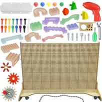 MASTERKIDZ laisvai stovinti STEM sieninė lenta 166 x 125 cm + priedai: kaiščiai, krumpliaračiai, kaladėlės, įrankiai, kamuoliukų bėgimo takelis