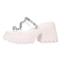 Krazing Pot PVC Mules Peep Toe Thick High Heels Summer Jelly Shoes Spring Shoes Slip on Casual Crystal Decorations Women Sandals 34 balta