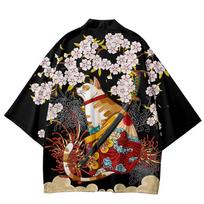 Japanese Kimono Yukata Samurai Kimono Man Cat Print Shirt Clothing Harajuku Cardigan for MenTraditional Haori Kimono XXXXXL juoda