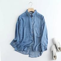 Summer Striped Patchwork Blusas Women Long Sleeve Shirt Work Casual Loose Blouse Pullovers Oversized M mėlyna