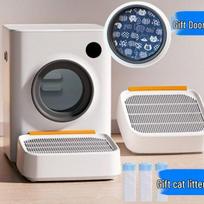 Automatic Cat Litter Box with High-Density Litter Trapping Step and Sand Control Mat. White Curtain with Magnet for Birdsong