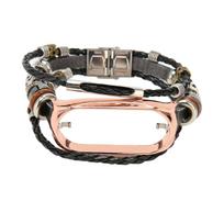 for Xiaomi Mi Band 7 Leather Strap Metal Snap Retro DIY Smart Watch Band Replacement Bracelet Black and Silver Black and Gold