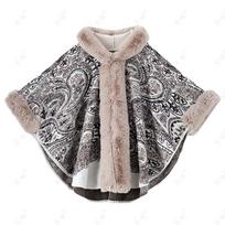 „Boho Print“ šilta dirbtinio kailio skara moterims Minkšta, patogi, stilinga pončo kepuraitė su gobtuvu, negabaritinė kepurė Prabangus kailinis apsiaustas vakariniam vakarėliui one size