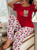 Women's  Little Bear  Short Sleeve Round Neck Top with Heart Print and White Pants with Red Hearts Pajama Set S raudona