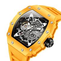 Daugiaspalvis skeletinis automatinis vyriškas laikrodis Tonneau atsparus vandeniui šviečiantis mechaninis sportinis laikrodis oranžinė