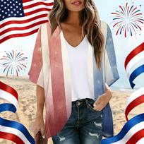Women’s Open Front Loose Fit Kimono Cardigan with Star and Stripe Print Lightweight Short Sleeve Top for Casual Wear L mėlyna