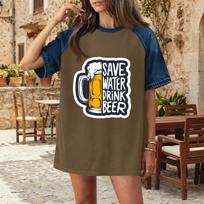 Casual Women Denim Patchwork Oktoberfest Graphic T Shirt Comfortable Short Sleeve Loose Fit Top for Daily Wear XL