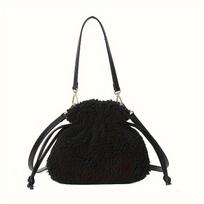 Fashiable Mini Plush Crossbody Bag with Drawstring - Soft Fuzzy Bucket Bag for Women,  Detachable Strap, Polyester Lined juoda