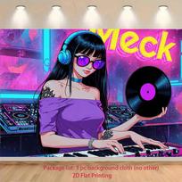 2D Cool DJ Girl Backdrop Neon Music Studio Photography Background 47.2x31.5inch/120*80cm