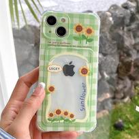 Sunflower Green Grid Apple iPhone Case 14/15/12 Pro for iPhone 11/13 XR/XS Max with Card Holder Insert. iPhone 14 Pro Max