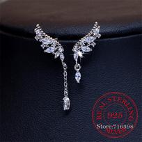 925 Sterling Silver Asymmetric Crystal Wings Drop Earrings for Women Fashion Jewelry Lady Statement Earrings