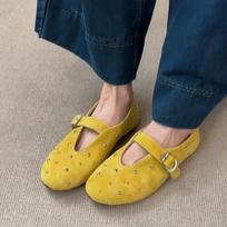 2025 Summer Brand Mary Jane Shoes for Women Fashion Rivet Suede Classic Retro Brown Casual Soft Bottom Comfortable Ladies Flats 35 geltona
