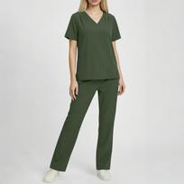 Women's Fashion -Color Short-Sleeve V-Neck Workwear Set With Pocket L armijos žalia spalva