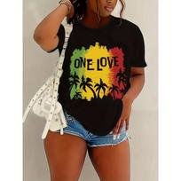 Vienos meilės Rasta palmių medžio moteriški marškinėliai - Reggae grafika, kasdienis juodas viršus XL