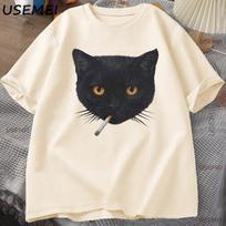 Funny Smoking Cat Y2K T Shirt Vintage Black Cat Tee for Men Women 90s Aesthetic Tee Men Women Casual Cotton Short Sleeve T-shirt S įvairiaspalvis