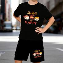 Boys 2 Piece Japanese sushi printed outfit, Short Sleeve T-Shirt and Shorts Set for Kids Age 5-14,Black,White Sporty Casual Summer Clothes 5-6 Years juoda