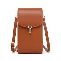 Genuine Leather Phone Bag Solid Color Flip Round Lock Bag Women's Crossbody Bag with Long Shoulder Strap and Credit Card Slot