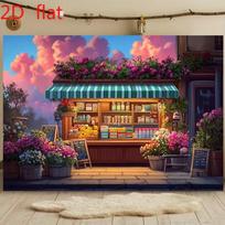 2D Sunset Town Backdrop Charming Street Flower Shop with Pink Clouds and Colorful Blooms Background 47.2x31.5inch/120*80cm