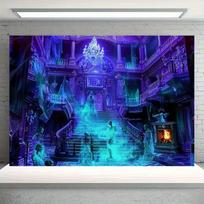 2D Spooky Neon Purple Haunted Castle Backdrop Ghost Ballroom Halloween Party Background 47.2x31.5inch/120*80cm