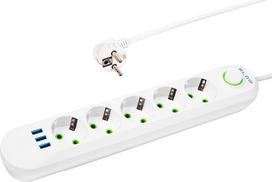 Prailgintuvas su 3 Usb lizdais, 5 lizdai, 5m, baltas