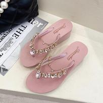 2024 Women's Rhinestone Wedge Flip-Flops - Summer Beach Toe-Post Sandals with Thick Sole 36 rožinė