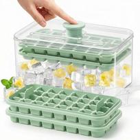 Square ice maker with easy-press lid - 2-pack silicone ice cube trays, new 2026 stackable ice bucket set with storage container. žalia