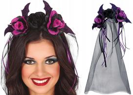 Opaska Diadem Na Głowę Czarno Fioletowe Róże Kwiaty Welon Halloween Bal