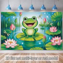 2D Cartoon Frog Backdrop Lotus Pond Dragonfly Photography Background Banner 47.2x31.5inch/120*80cm