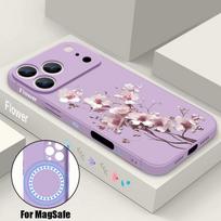 Vintage Floral Case For iPhone 17 Pro Max iPhone 16 15 14 13 Pro Max Magnetic For Magsafe Soft Silicone Phone Back Cover iPhone 13 Pro Max violetinė