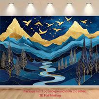 2D Abstract Mountain Backdrop Gold & Blue Art Landscape Photo Booth Background 47.2x31.5inch/120*80cm