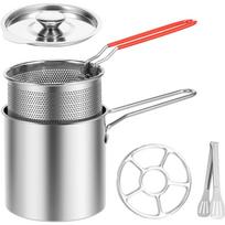 Deep Fat Fryer Set with Strainer Basket and Extended Handle, Stainless Steel Mini Deep Fryer Pot with Lid, Oil Saving Small Fryer for Frying Fish sidabras